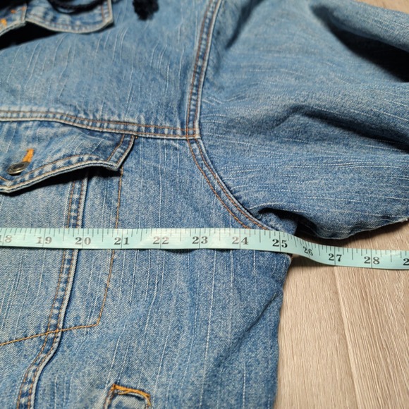 Vintage Faded Glory Mens L Blue Denim Hooded Jacket Quilted Lined Distressed - Picture 7 of 11